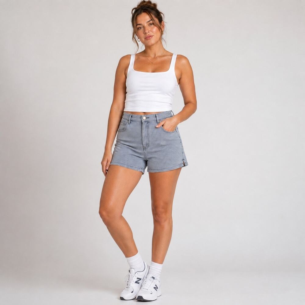 Vintage Halston Jeanswear Womens Denim Shorts Blue White Check Cotton Size 12